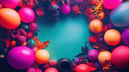 This vibrant Halloween flatlay features colorful decorations, including playful balls, leaves, and spooky elements, perfect for festive celebrations and creative setups.