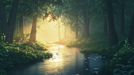 Wall Mural - a river meanders through a dense forest, illuminated by the warm glow of sunlight filtering through 