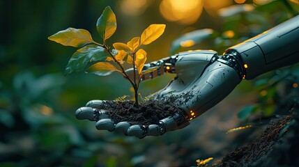 An AI robot hand holds a sapling, symbolizing sustainability, green energy, and climate change solutions.