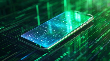 A futuristic smartphone displayed on a digital surface surrounded by glowing green matrix lines. The phone screen exhibits data patterns, representing modern technology, communication, and