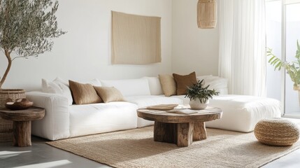 Aufkleber - A spacious living area showcases a contemporary design with white sofas, wooden tables, and natural decor. The soft light filters through sheer curtains, enhancing the warm, inviting atmosphere.