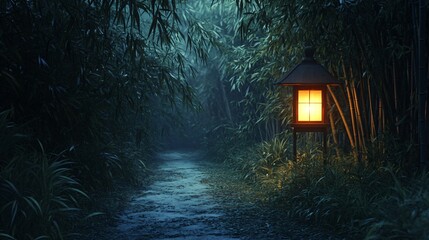 Wall Mural - a single lantern illuminates a path through a dense bamboo forest in the darkness.