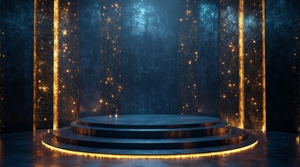 Wall Mural - a circular stage with three levels illuminated by golden lights against a dark blue textured backgro