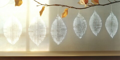 Leinwandbilder - Minimalist Art Leaves with Binary Code Hanging from Tree Branches in Soft Daylight