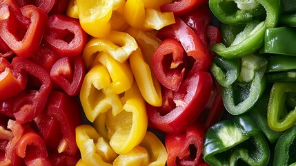 Wall Mural - A close up of sliced red, yellow, and green bell peppers.