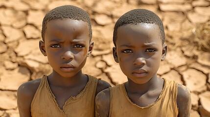 Boys search for water in dry, cracked land, representing the harsh realities of climate change and the importance of conservation to sustain life on Earth.