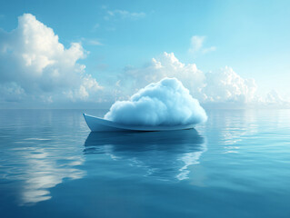 a white rowboat floating on a calm blue ocean under a clear blue sky with white clouds.