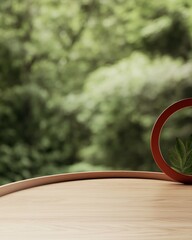 Aufkleber - Minimalist Wooden Table with Circular Frame and Forest Bokeh Background for Product Display