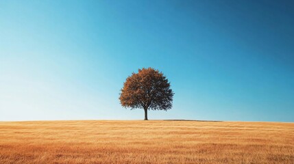 Wall Mural - A single tree stands tall in a field of dry grass, with a clear blue sky overhead.