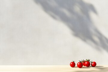 Aufkleber - Minimalist Kitchen Scene with Light Gray Wall, Wooden Floor, and Subtle Tomato Shadows