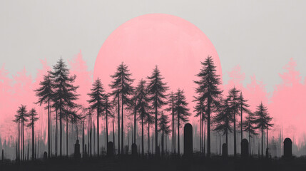 Wall Mural - Silhouetted trees stand tall against a vibrant pink sky, creating an ethereal and dreamlike scene.