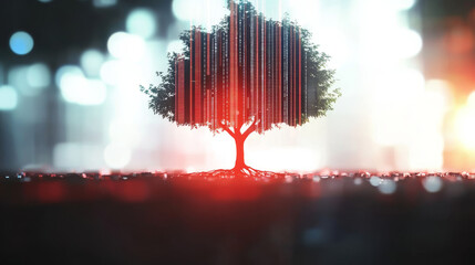 A tree with digital code streaming down its trunk, symbolizing the growth and development of technology.