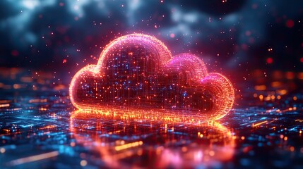 Wall Mural - a vibrant 3d render of a neon cloud icon, illustrating data storage technology on a high-tech floor 