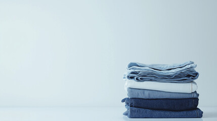 against a white background, a stack of neatly folded denim is positioned slightly to the right of center