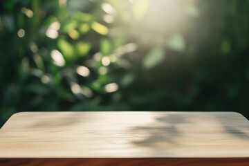 Aufkleber - Minimalist Nature-Themed Display Platform Light Beige Wooden Table Against Lush Green Forest Bokeh Background