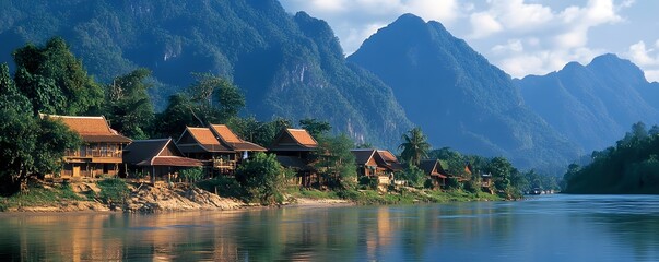 The charming village of Nong Khiaw, surrounded by mountains and the Nam Ou River, showcasing traditional Laotian life