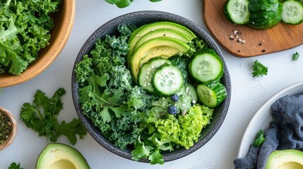 Delicious Green Salad with Avocado, Cucumber, and Kale