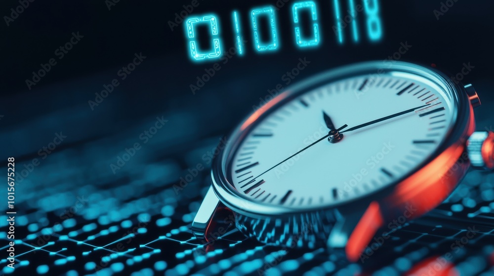 Digital clock on binary code background, high-tech concept Stock Photo ...