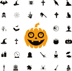 Horror and scary faces and other Halloween symbols silhouette icons set. Halloween pumpkin, emoji and tattoo ghost smile spooky jack evil mouth eyes scary - vector illustration.