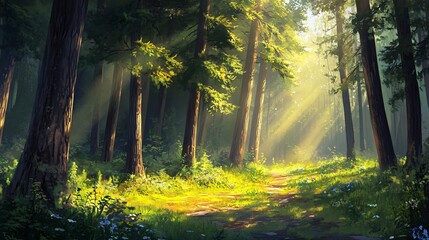 Wall Mural - a sunlit path winds through a dense forest, sunlight filtering through the tall trees, casting long 