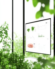 Aufkleber - High-Tech Office with Digital Sustainability Graphs, Green Plants, and Cultured Meat Samples - Future Food and Nature Business Concept