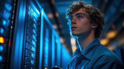 A young man stands near a server cabinet, using a digital tablet to work with a supercomputer, bathed in blue light.