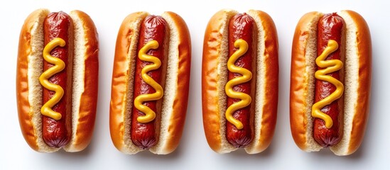 Canvas Print - Four hot dogs with yellow mustard on white background.