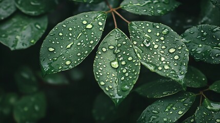 Sticker - Close-up of green leaves with water drops.