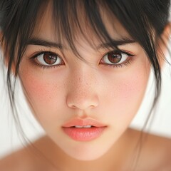 Poster - A stunning closeup shot of an Asian girls face, showcasing vibrant features and soft lighting for a captivating look.