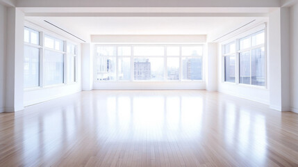 Sticker - Empty room with large windows overlooking a city. The hardwood floor is gleaming and the walls are white.