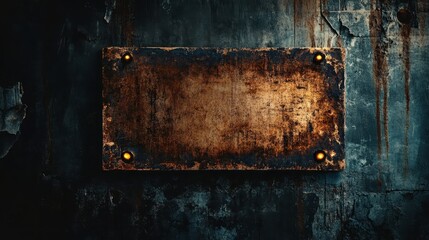 Poster - Rusty Metal Plate with Glowing Lights on a Weathered Wall