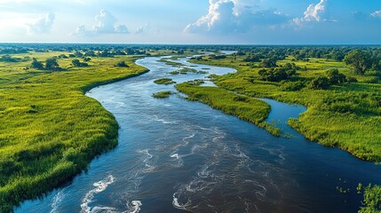 Aerial view of floodplains overflowing with water as the river passes between two regions.