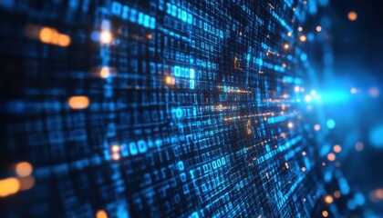 Abstract digital binary code background with blue and orange glow