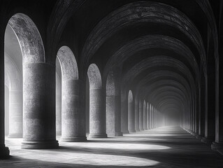 a black and white photo of a long hallway with arched doorways. the lighting creates a dramatic effe