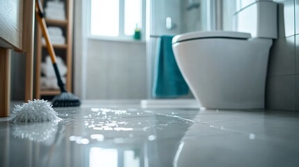 a modern white bathroom faces a plumbing emergency as an overflowing toilet spills water onto the gl