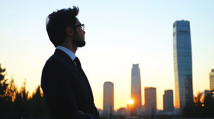 Sticker - Silhouette of a man in a suit looking out at the city skyline at sunset.