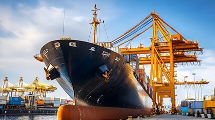 large cargo ship anchored in harbor during port strike, surrounded by empty docks and cranes, symbol