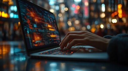 A programmer working on their development skills, typing on a laptop with an interface showing coding languages and software development.