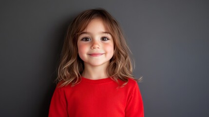 Wall Mural - A smiling child wears a vibrant red sweater, her hair neatly styled. She stands against a neutral gray backdrop, exuding warmth and friendliness