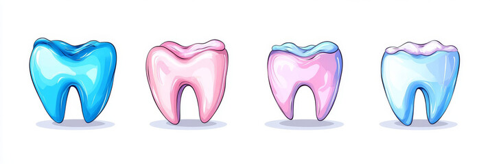 Canvas Print - Four cartoon teeth in different colors - blue, pink, and white. These teeth are perfect for promoting oral hygiene and healthy smiles.