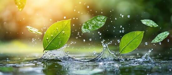 Wall Mural - Green leaves falling into water creating a splash.