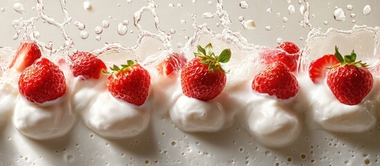 Poster - Close-up of fresh strawberries in a splash of milk cream.