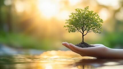 A symbolic image of a tree held in a hand, representing efforts to reduce the carbon footprint and preserve nature.