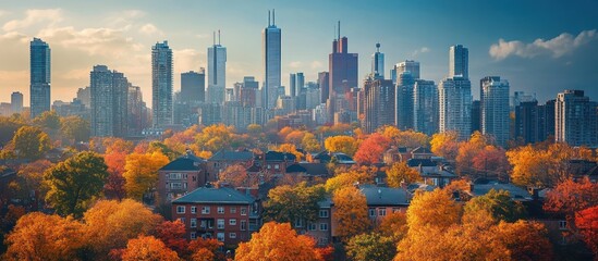 Poster - Cityscape with fall foliage in the foreground.