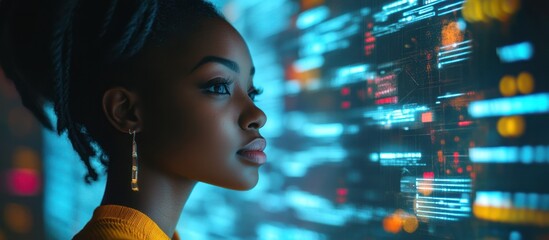 A young woman with dreadlocks gazes intently at a screen filled with glowing blue and red lines.