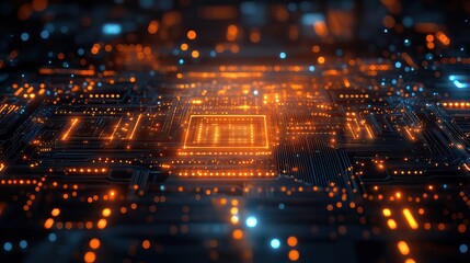 A tech background in orange and blue, featuring circuit board patterns and digital code for a modern tech aesthetic.