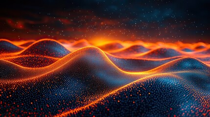 Wall Mural - a tech background of connected dots on a 3d wave landscape, illustrating the communication and data 