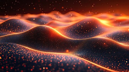 Wall Mural - a tech background of connected dots on a 3d wave landscape, illustrating the communication and data 