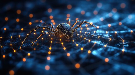 Wall Mural - a tech concept illustration of a network spider web with light dots, symbolizing advanced connectivi