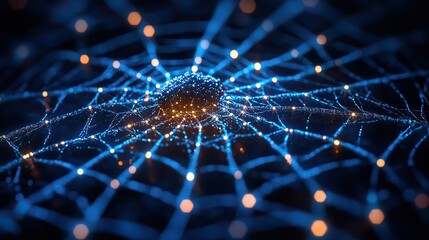 Wall Mural - a tech concept illustration of a network spider web with light dots, symbolizing advanced connectivi